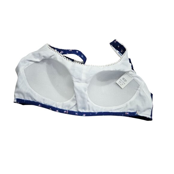 Vintage‎ 70s Blue Floral Cotton Womens Bra White Lace Trim Button Molded Cups 12 - Picture 6 of 10